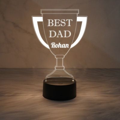 Best Dad Trophy Acrylic Night Lamp | Personalized with Name | Warm White Light & On/Off Touch Button | USB Data Cable